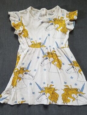 Mini Rodini Unicorn Print Kids Dress - White & Yellow